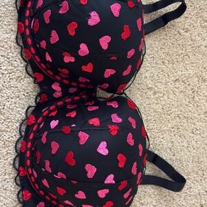 Victoria's Secret Black Bra with Embroidered Pink/ Red Hearts and Lace Details